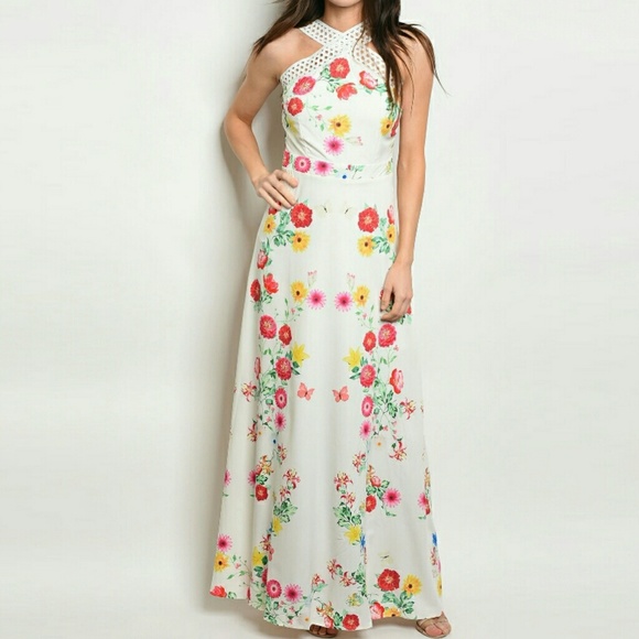 Dresses & Skirts - Crochet Strap Print Floral Maxi Halter Dress